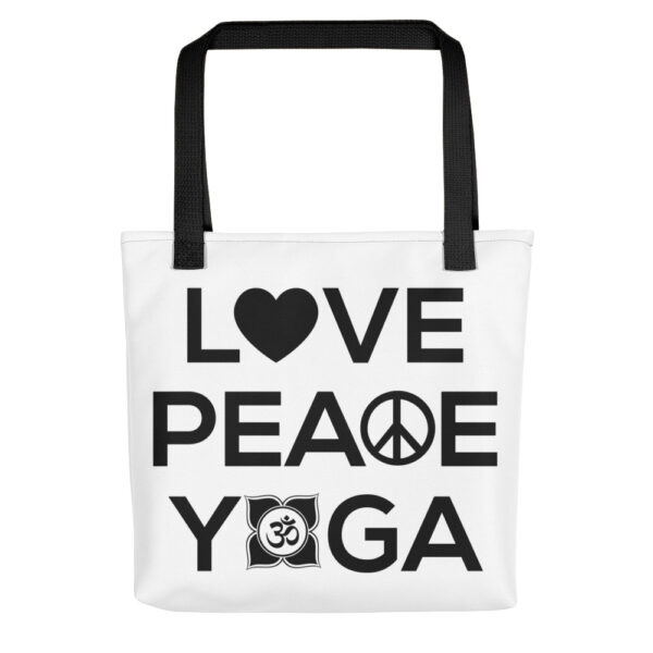 Love Peace Yoga weiß Tragetasche – Bild 2