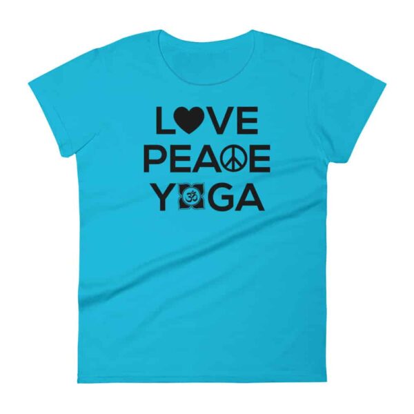 Love Peace Yoga Damen T-Shirt mit Symbolen Karibikblau