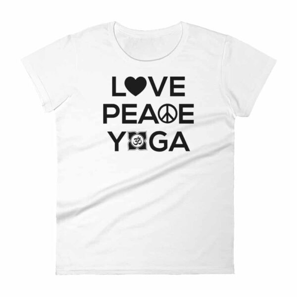 Love Peace Yoga Damen T-Shirt mit Symbolen Weiß